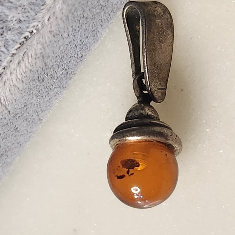 Sterling Silver Amber Drop Pendant - Brown Amber